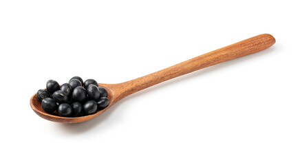Black soybeans and a wooden spoon on a white background.