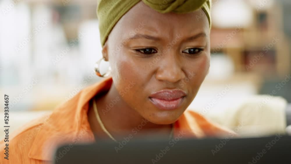 Poster confused black woman, angry reading email on laptop and stress with entrepreneur work problem while 