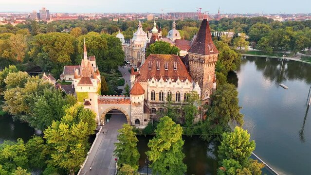 4K aerial drone view City Park and the Vajdahunyad Castle in Budapest. Hungary