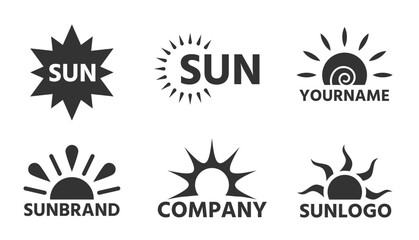 Fototapeta premium Sun logo flat tag set. Simple graphic solar label. Various shape sunshine business emblem. Cartoon summer sunlight rays sunrise sunset badge. Sunny hot logotype with company name isolated on white