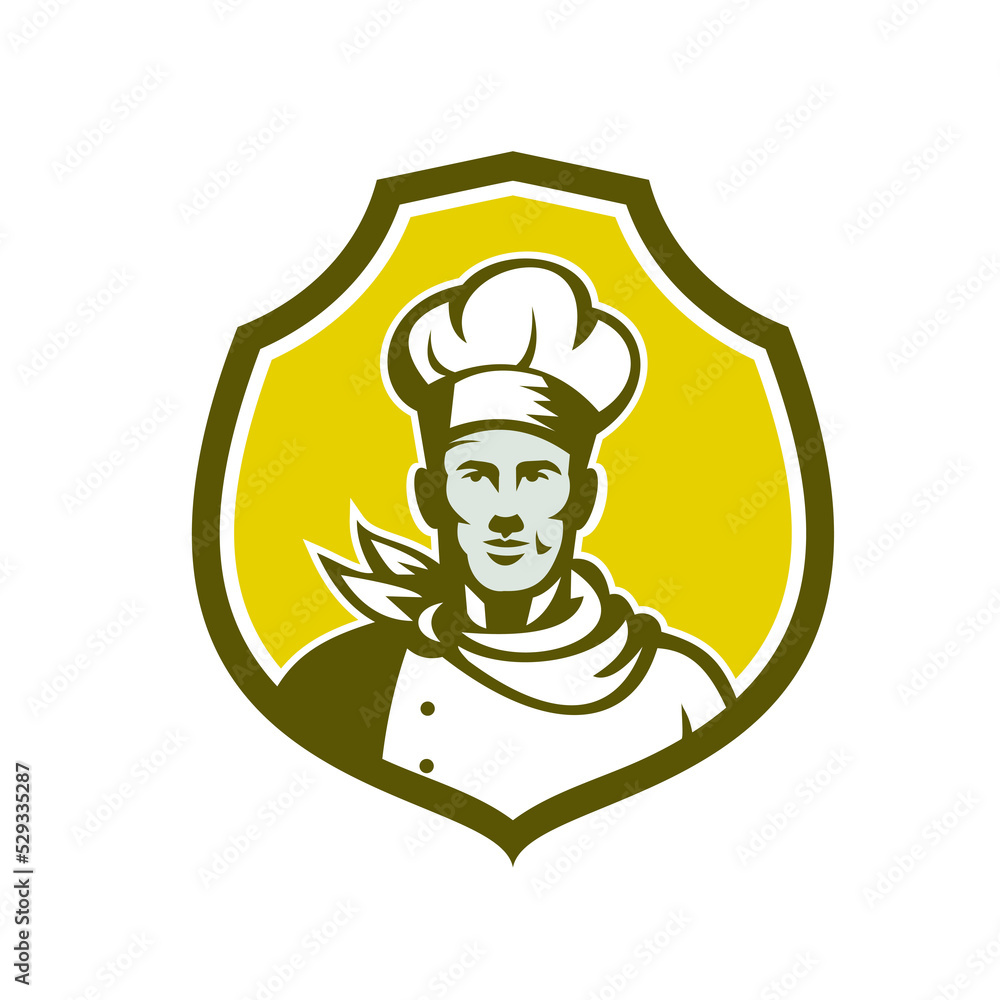 Poster illustration of a baker chef cook bust with hat facing front set inside shield crest on isolated bac