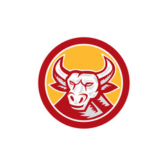 Angry Bull Head Circle Woodcut Retro