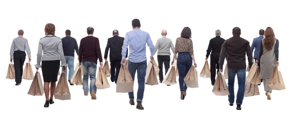 a line of people with shopping bags. back view