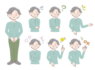 様々な表情のカジュアルな服装の年配の女性　全身　上半身