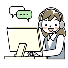 ヘッドセットをつけてパソコンに向かう若い女性