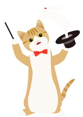 帽子からウサギを出すマジックを披露する茶白猫 卯年　新年　背景透明png