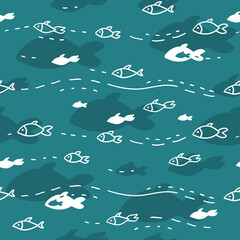 River and fish drawn with a white outline on a blue background. Stylized underwater world. Flat vector illustration. Seamless pattern.