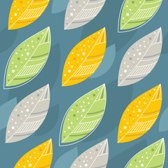 Seamless repeating pattern with abstract leaf shapes in grey, green, yellow and blue on a blue background. Modern and stylish textiles, gift wrapping, packaging design.