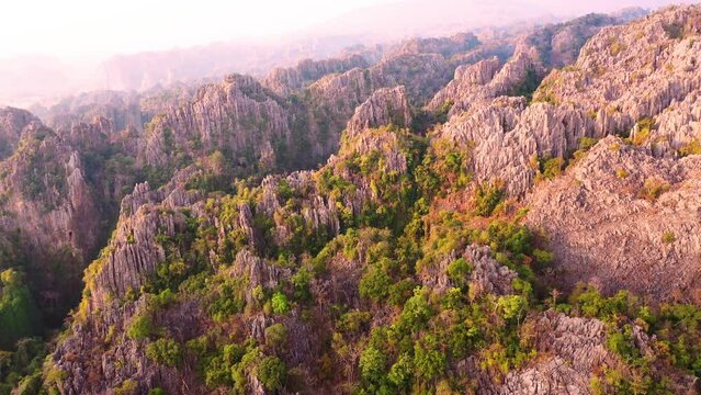 Aerial view of sharp limestone mountains in Noen Maprang District, Phitsanulok Province, Thailand.
