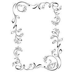 frame 136. decorative frame with stylized flowers on stems with leaves and vignettes and with one swan in black lines on a white background