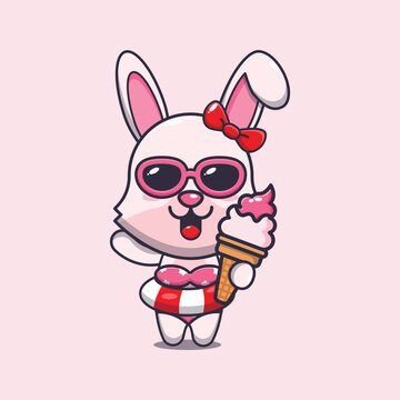 Cute bunny with ice cream on beach cartoon illustration.