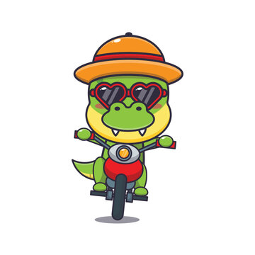 Cool dino with sunglasses riding a motocycle in summer day.