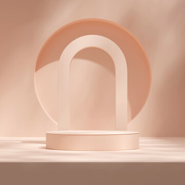 Peach color minimal empty scene 3d rendering mockup podium in square with arch and circle
