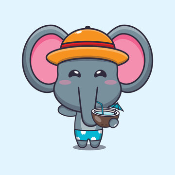 Cute elephant drink coconut cartoon illustration.