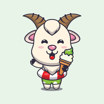 Cute goat with ice cream on beach cartoon illustration.