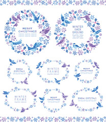 雪の結晶　冬の小鳥の丸フレームセット