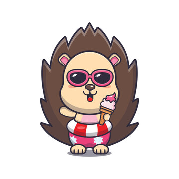 Cute hedgehog with ice cream on beach cartoon illustration.