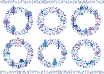 雪の結晶　冬のイラスト丸フレームセット　（小鳥　街並み　森）