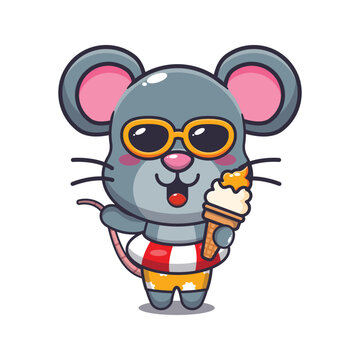Cute mouse with ice cream on beach cartoon illustration.