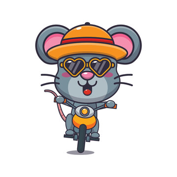 Cool mouse with sunglasses riding a motocycle in summer day.