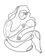 One line drawing mother holding her newborn baby. Minimalist art, continuous line woman with child. Vector illustration