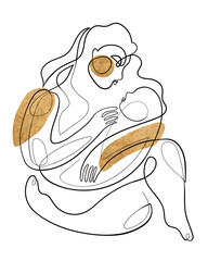 One line drawing mother holding her newborn baby. Minimalist art, continuous line woman and child illustration with golden elements