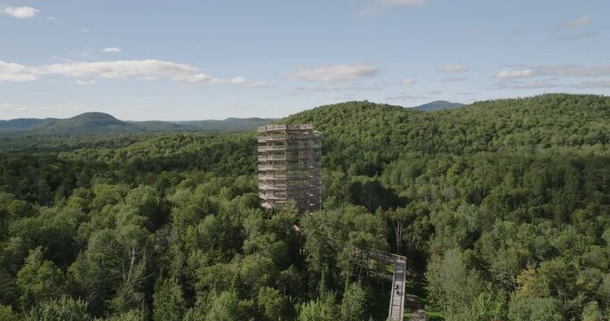 Beautiful wooden tower hiking trail. Mountains and trees. Wide landscape. Marvelous sunny summer day. 4k drone hovering. steady point of view. Professional pilot.