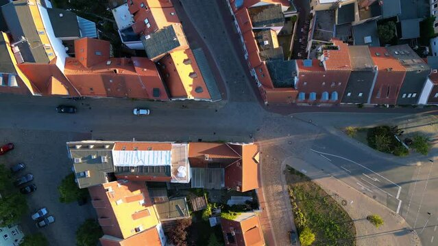 houses in the historic old town
Tranquil aerial view flight bird's eye view drone
vertical 9:16 of Wismar germany at summer day golden hour August 2022. Marnitz 4k Cinematic from above
