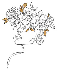 One line drawing woman face with flowers and leaves on her head. Minimalist art, elegant female portrait. Vector illustration