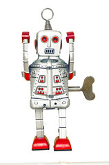 silver retro robot with his hand up transparent