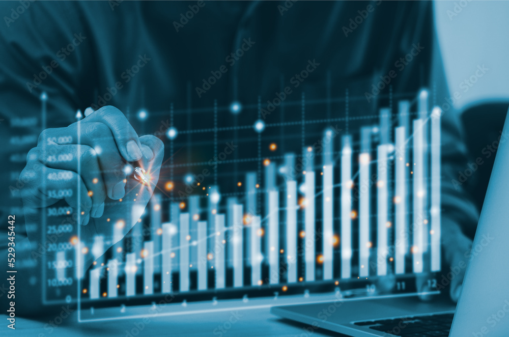 Poster business finance technology and investment concept. businessman analysis graph and chart data manage