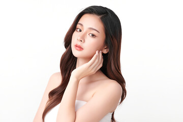 Fototapeta premium Beautiful young asian woman with clean fresh skin on white background, Face care, Facial treatment, Cosmetology, beauty and spa, Asian women portrait.