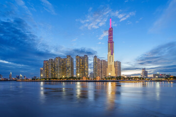 Ho Chi Minh city by the river. Landmark 81 is the tallest building in Vietnam