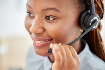 Customer service consultant, call center agent and happy telemarketing operator consulting and giving advice on headset. Face of a confident woman in contact us and crm support company with a smile - obrazy, fototapety, plakaty