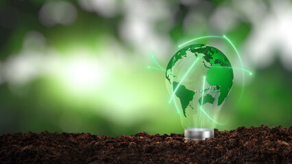 The green world map is on a light bulb that represents renewable energy and sustainable energy sources 3D illustration