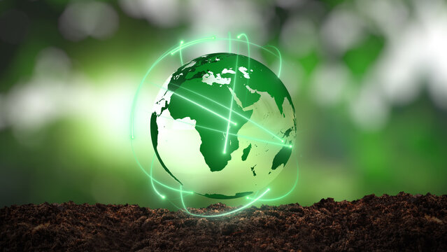 The green rotating earth that represents renewable energy and sustainable energy sources 3D illustration