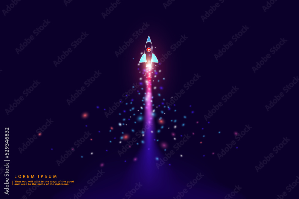 Poster rocket launch. business startup concept form lines, triangles and particle style design. rocket laun