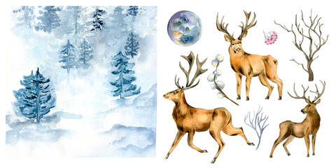 Naklejka premium Set of deer and winter landscape watercolor illustration isolated on white background.