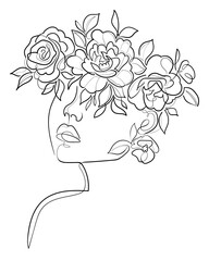 One line drawing woman face with flowers and leaves on her head. Minimalist art, elegant female portrait. Vector illustration - 529346885