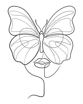 recommend clip art: One line drawing woman face with butterfly covering her eyes. Minimalist art, elegant female portrait. Continuous line vector illustration