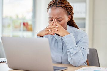 Black woman, headache and working at desk with pain and tension in head with glitch mistake on pc....