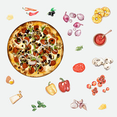 Watercolor illustration of the pizza and ingredients illustration set. Hand drawn fast Italian food isolated on the white background.