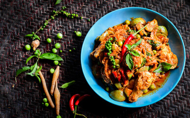 spicy chicken curry Spices Thai Food Popular Menu on Wood Table in Still Life Style Photography