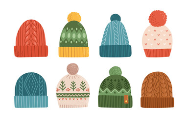 Set of winter or autumn hats flat design vector