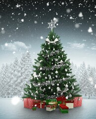 Obraz premium Christmas tree in snowy forest