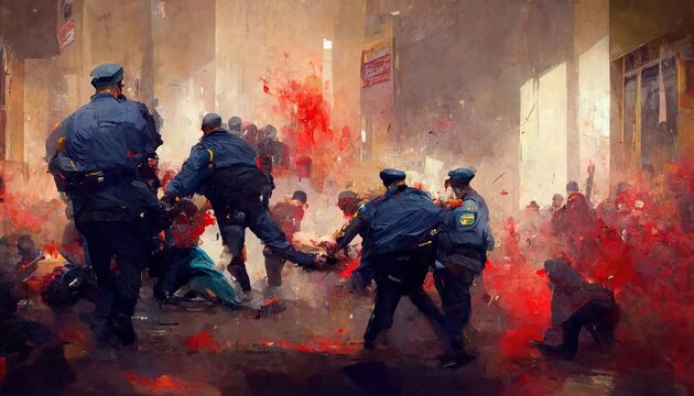 Police brutality riot scene conceptual illustration