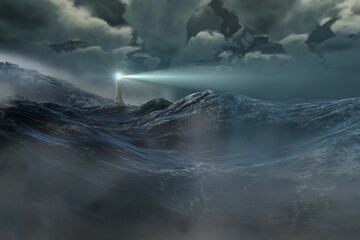 Stormy sea with lighthouse - obrazy, fototapety, plakaty