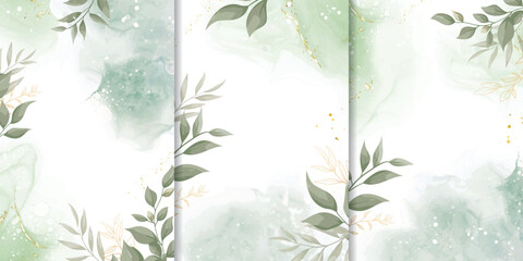 Set of Elegant Wedding Invitation Design with Watercolor and Greenery Leaves