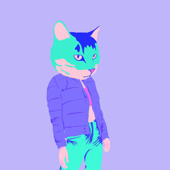 Fashion minimal illustration. Stylish Kitty urban look, fall winter outfit