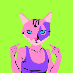 Fashion minimal illustration. Stylish Kitty agressive middle finger